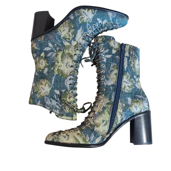 Jeffrey Campbell Hastings Blue Green Floral Tapestry Victorian Boots Lace Up - Picture 11 of 16